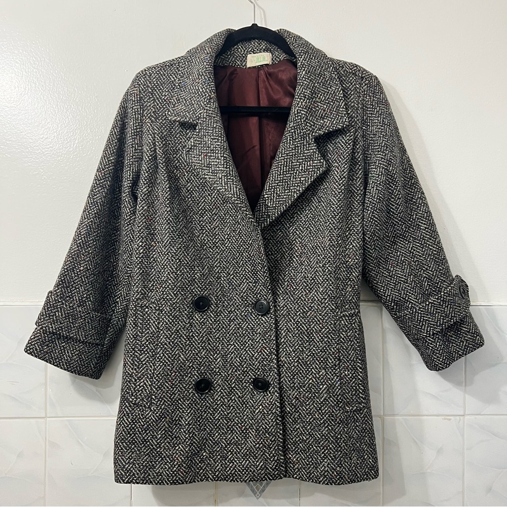 Vtg 80s 100% Wool Herringbone Pea Coat Double Breasted Womens M Academia Classic